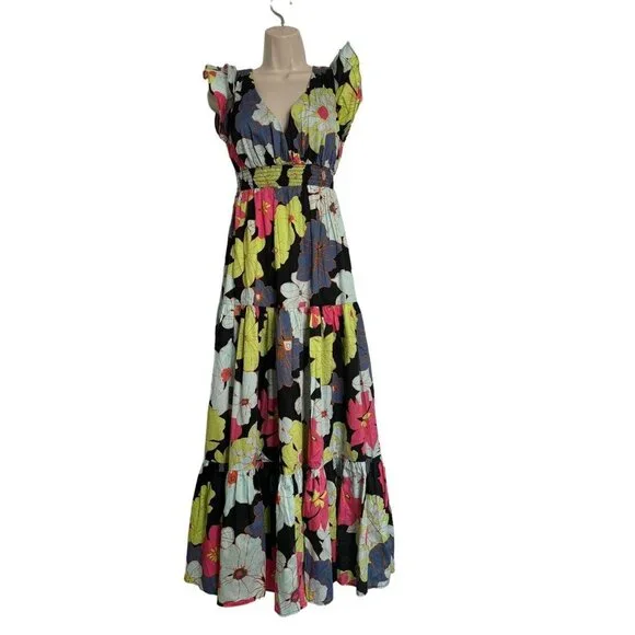 ModCloth Honolulu floral black ruffle cap sleeve tiered maxi dress Size XS NEW - Picture 2 of 14